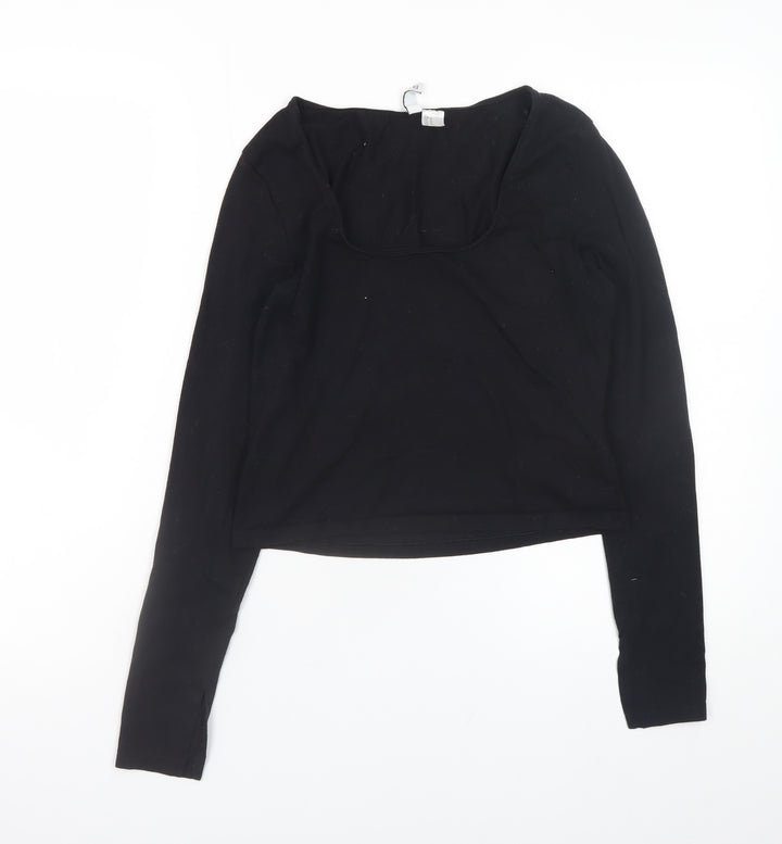 H&M Divided Women's Black Long Sleeve Basic Scoop Neck Cotton Top Size 12