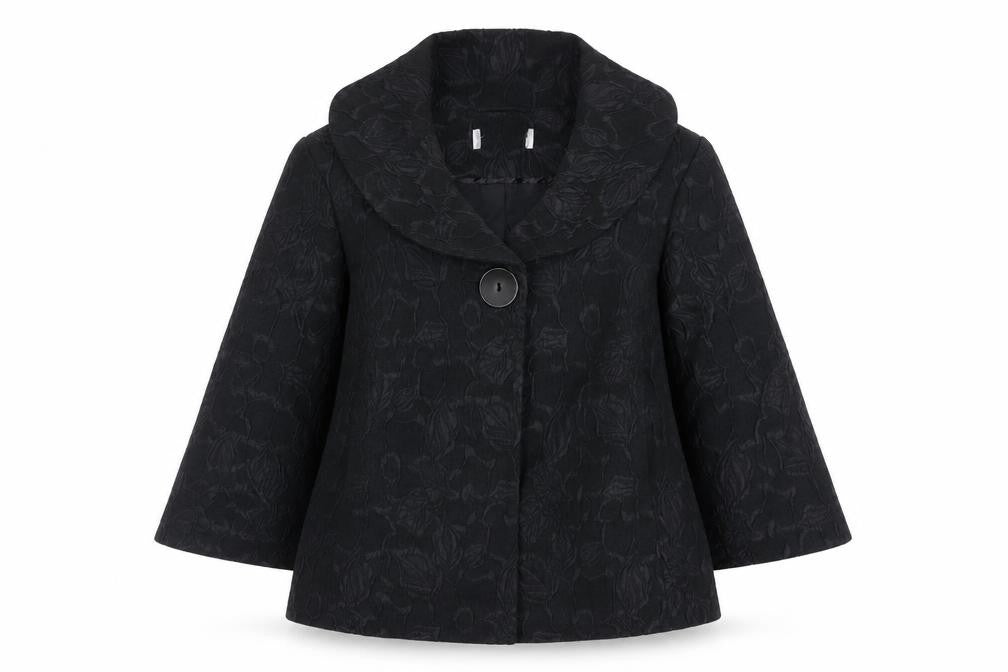 Front view of Wallis women’s black floral jacquard short jacket, size UK 14