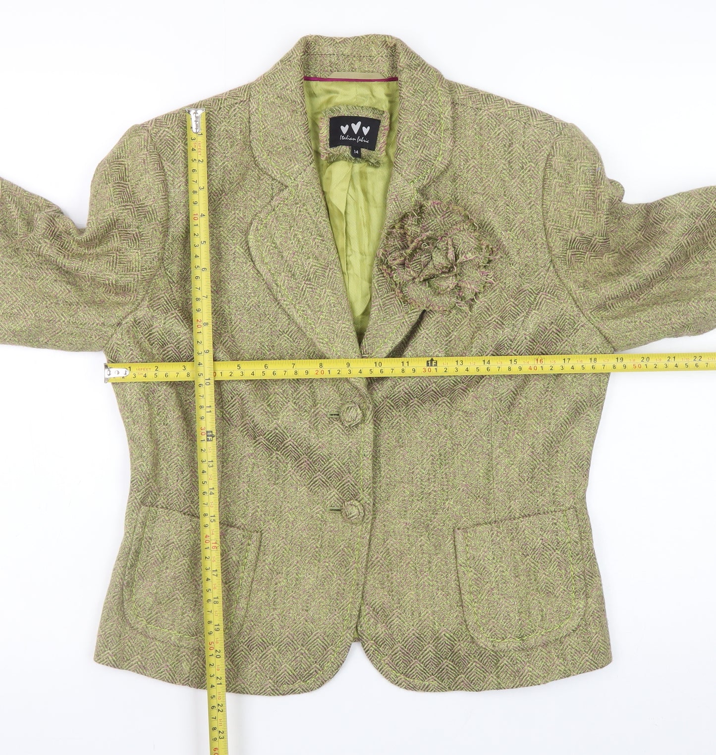 Women's Green Wool Blend Tweed Blazer Jacket Size 14