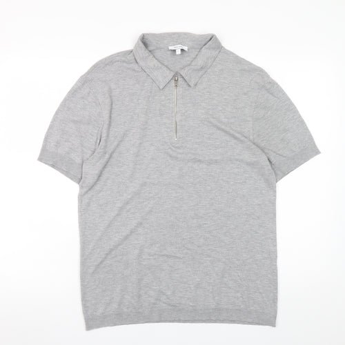 Reiss Men's Grey Collared Half Zip Cotton Jersey T-Shirt Size L