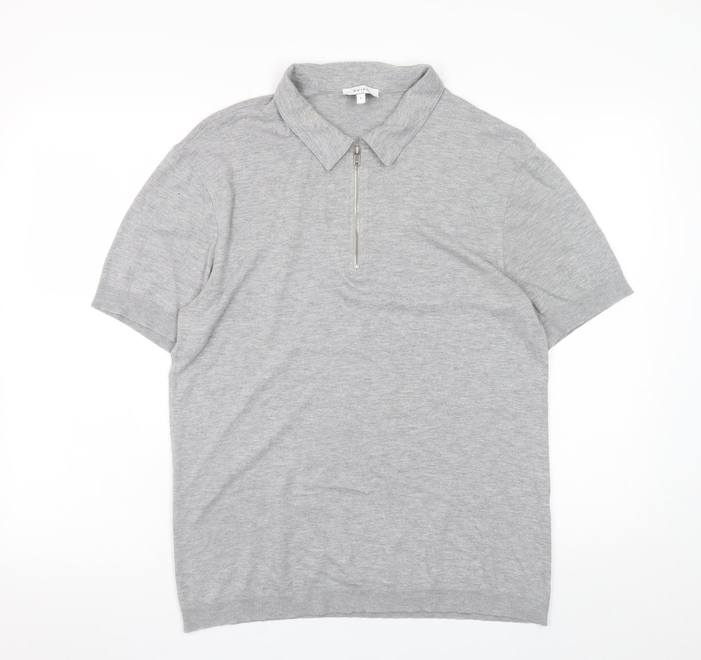 Reiss Men's Grey Collared Half Zip Cotton Jersey T-Shirt Size L