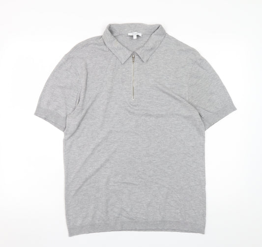 Reiss Men's Grey Collared Half Zip Cotton Jersey T-Shirt Size L