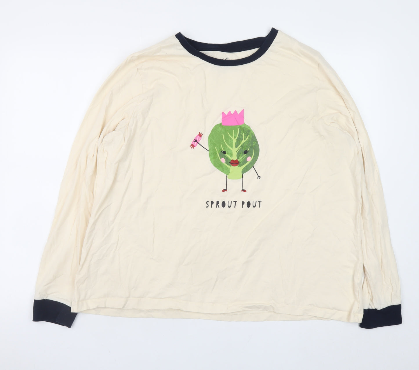 Matalan Women’s Beige Christmas Sprout Pout Long Sleeve Ringer T-Shirt XL