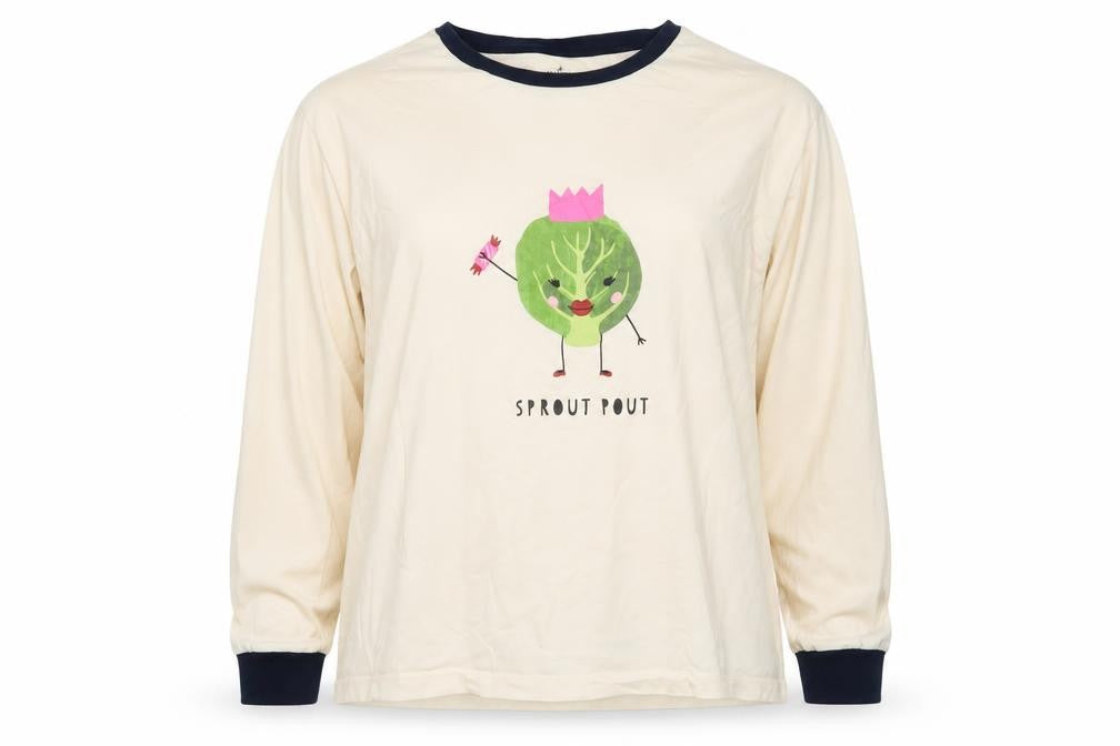 Matalan Women’s Beige Christmas Sprout Pout Long Sleeve Ringer T-Shirt XL