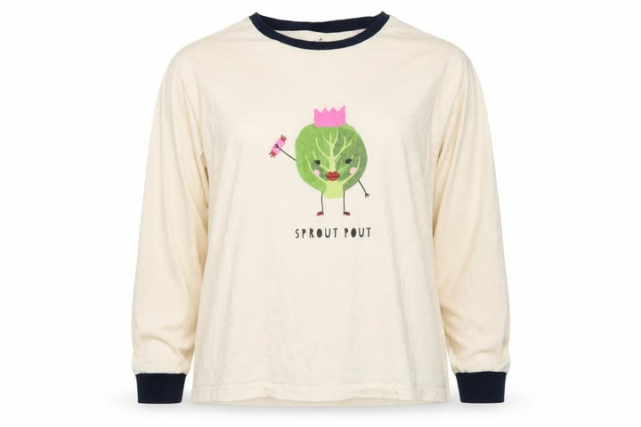 Matalan Women’s Beige Christmas Sprout Pout Long Sleeve Ringer T-Shirt XL