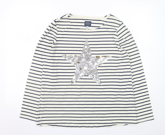 Joules Womens White Striped Sequin Star Long Sleeve Cotton T-Shirt Size 18