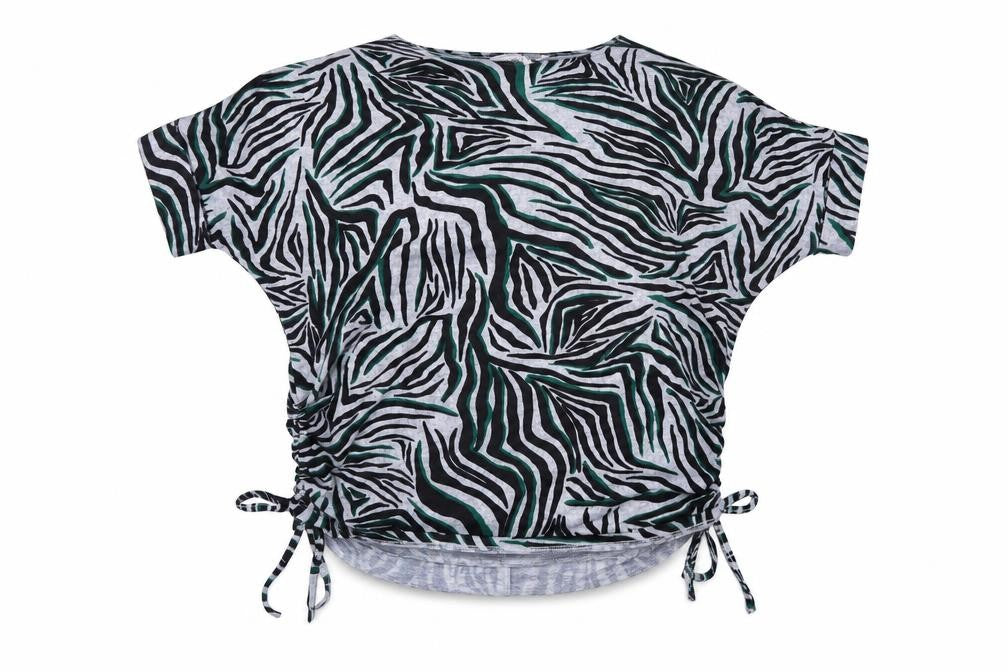 Front view of Apricot women’s grey zebra print dolman sleeve stretch top, size UK 8