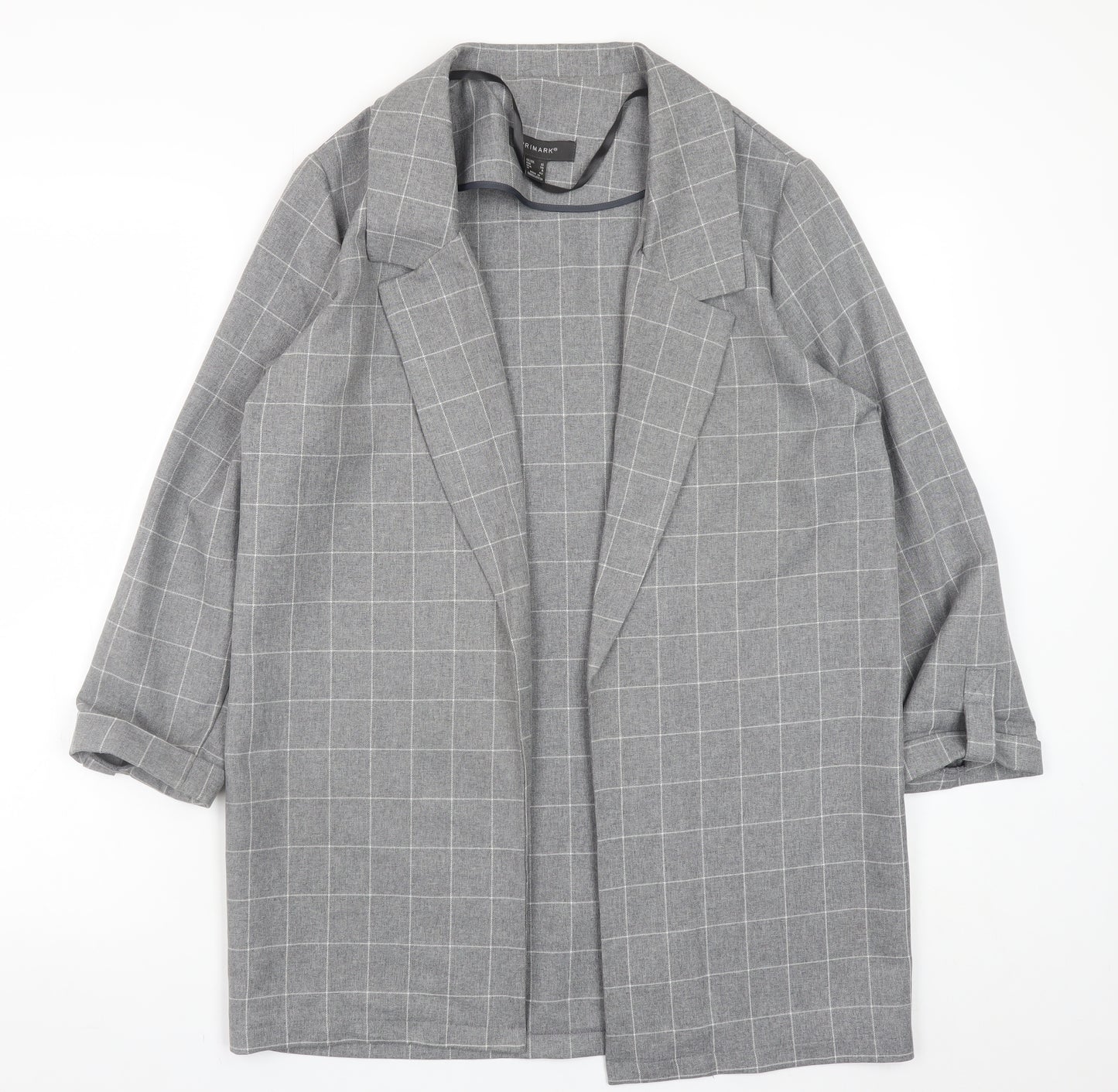 Primark Women's Grey Check Blazer Size 10 Regular Fit Mid-Length