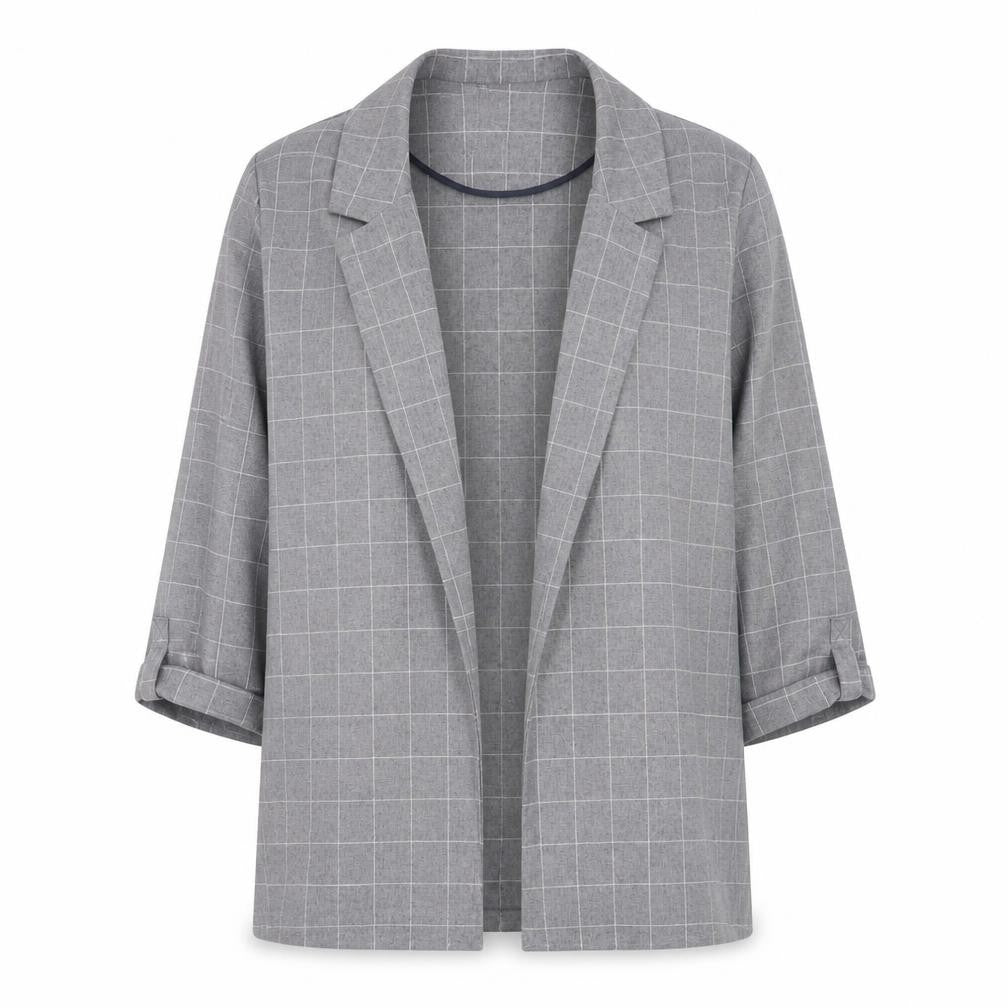 Front view of Primark Women's Grey Check Blazer, size 10, Regular Fit Mid-Length