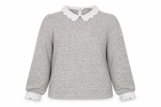 Front view of Faith and Joy Women’s Grey Collared Long Sleeve Blouse, size L