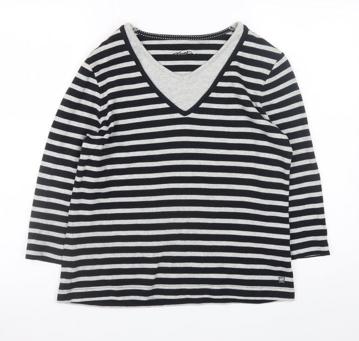 Dash Womens Black Striped 3/4 Sleeve V-Neck Cotton T-Shirt Size 14