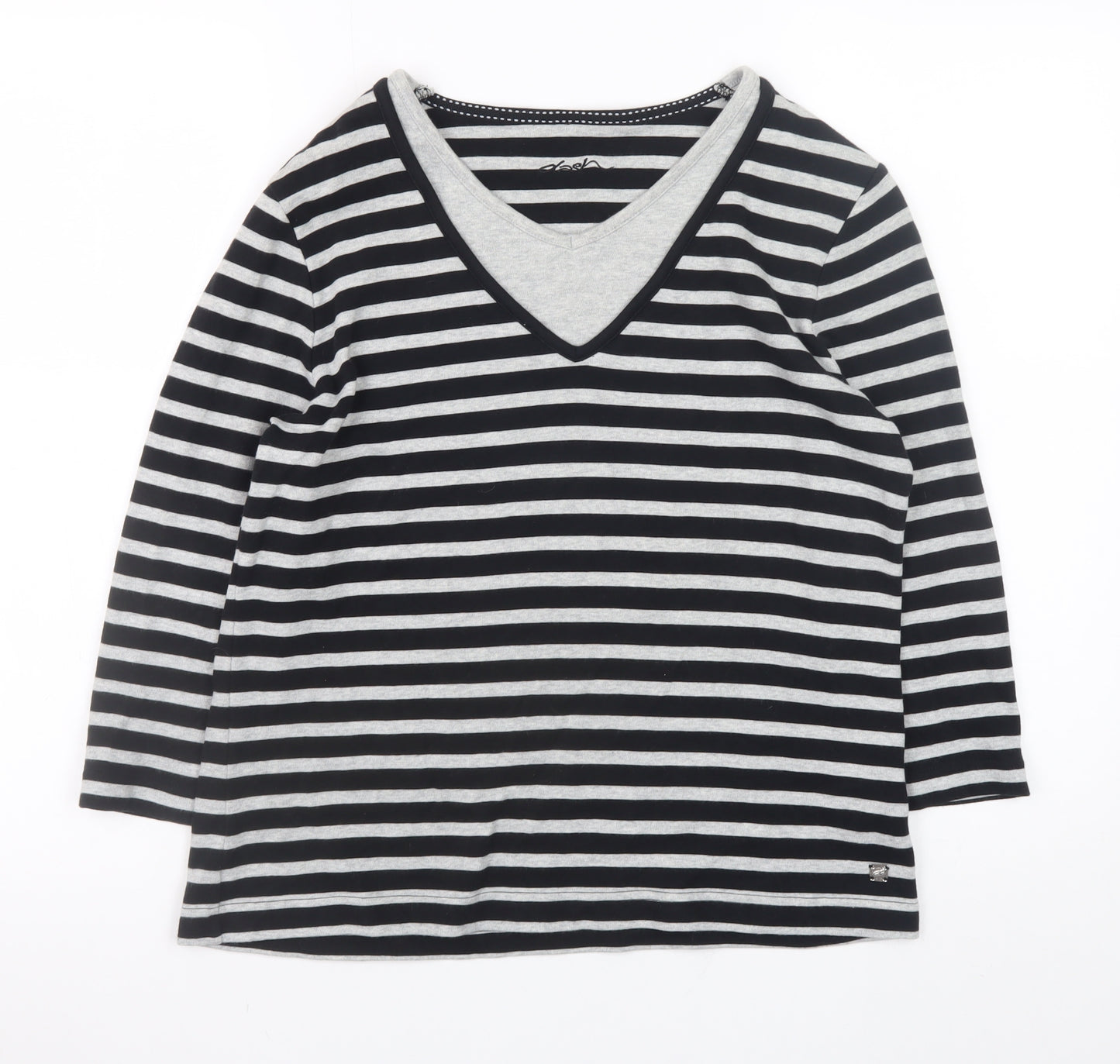 Dash Womens Black Striped 3/4 Sleeve V-Neck Cotton T-Shirt Size 14