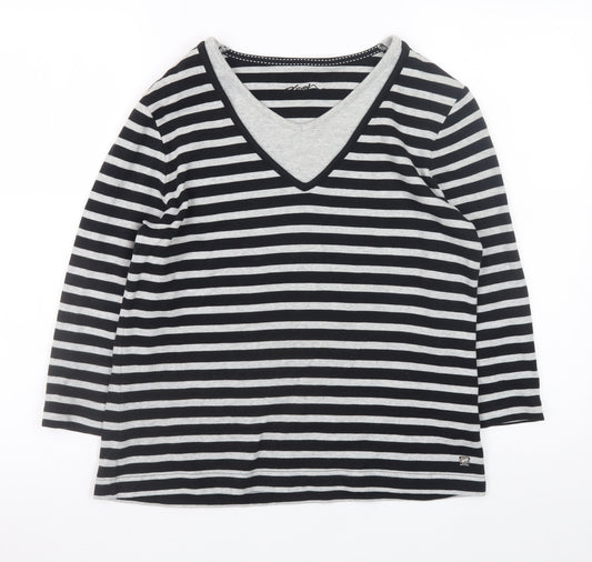Dash Womens Black Striped 3/4 Sleeve V-Neck Cotton T-Shirt Size 14