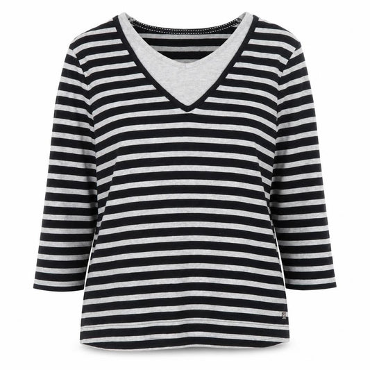 Front view of Dash women’s black striped 3/4 sleeve v-neck cotton t-shirt, size UK 14