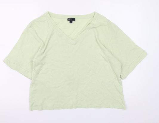 Nobody’s Child Women’s Green Linen Blend Cropped V-Neck T-Shirt Size 12