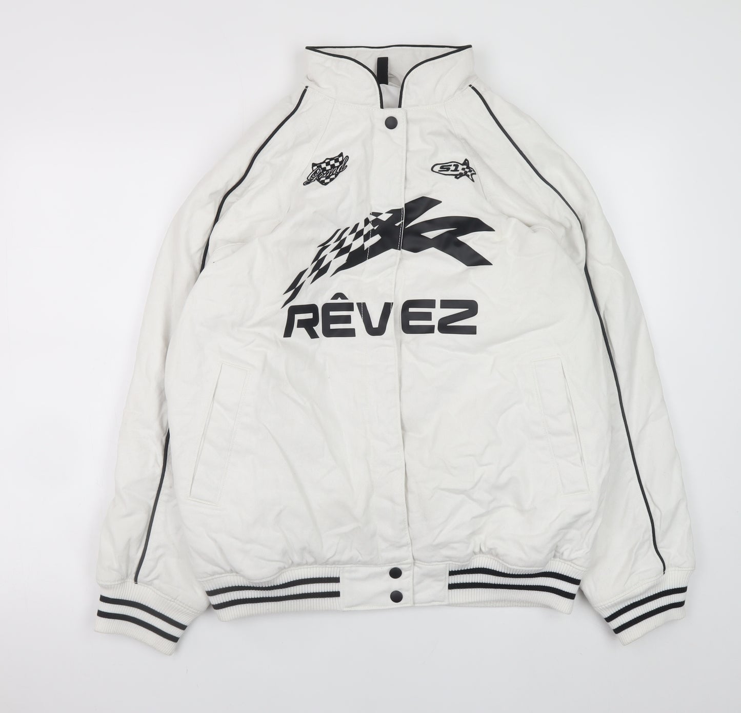 H&M Men’s White Racing Bomber Jacket XS Cotton Full Zip Retro Style