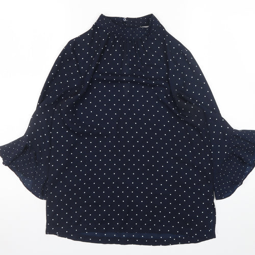 H&M Womens Blue Polka Dot High Neck Tunic Blouse Size 8