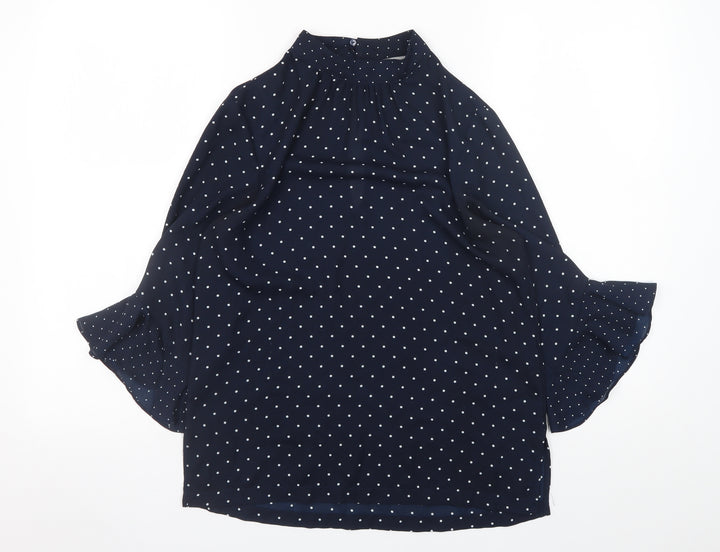 H&M Womens Blue Polka Dot High Neck Tunic Blouse Size 8