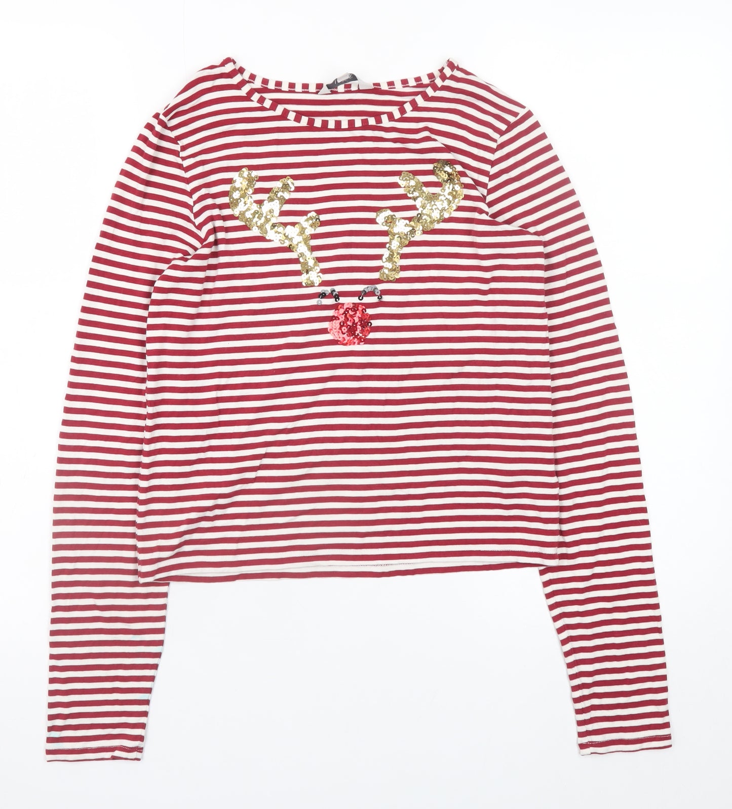 Miss E-Vie Girls Red Striped Sequin Reindeer Long Sleeve T-Shirt 13-14 Years