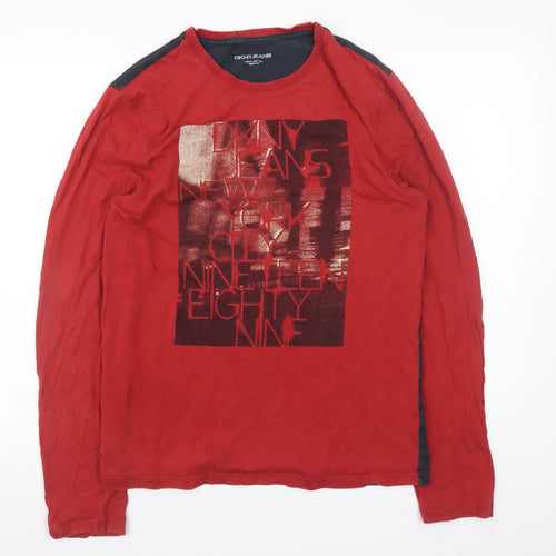 DKNY JEANS Men’s Red Long Sleeve Graphic Cotton T-Shirt Medium