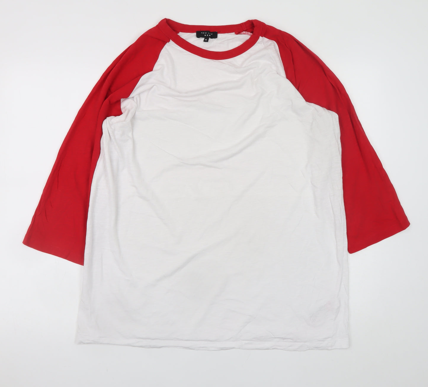 New Look Men’s White Red 3/4 Sleeve Crew Neck Cotton T-Shirt XL