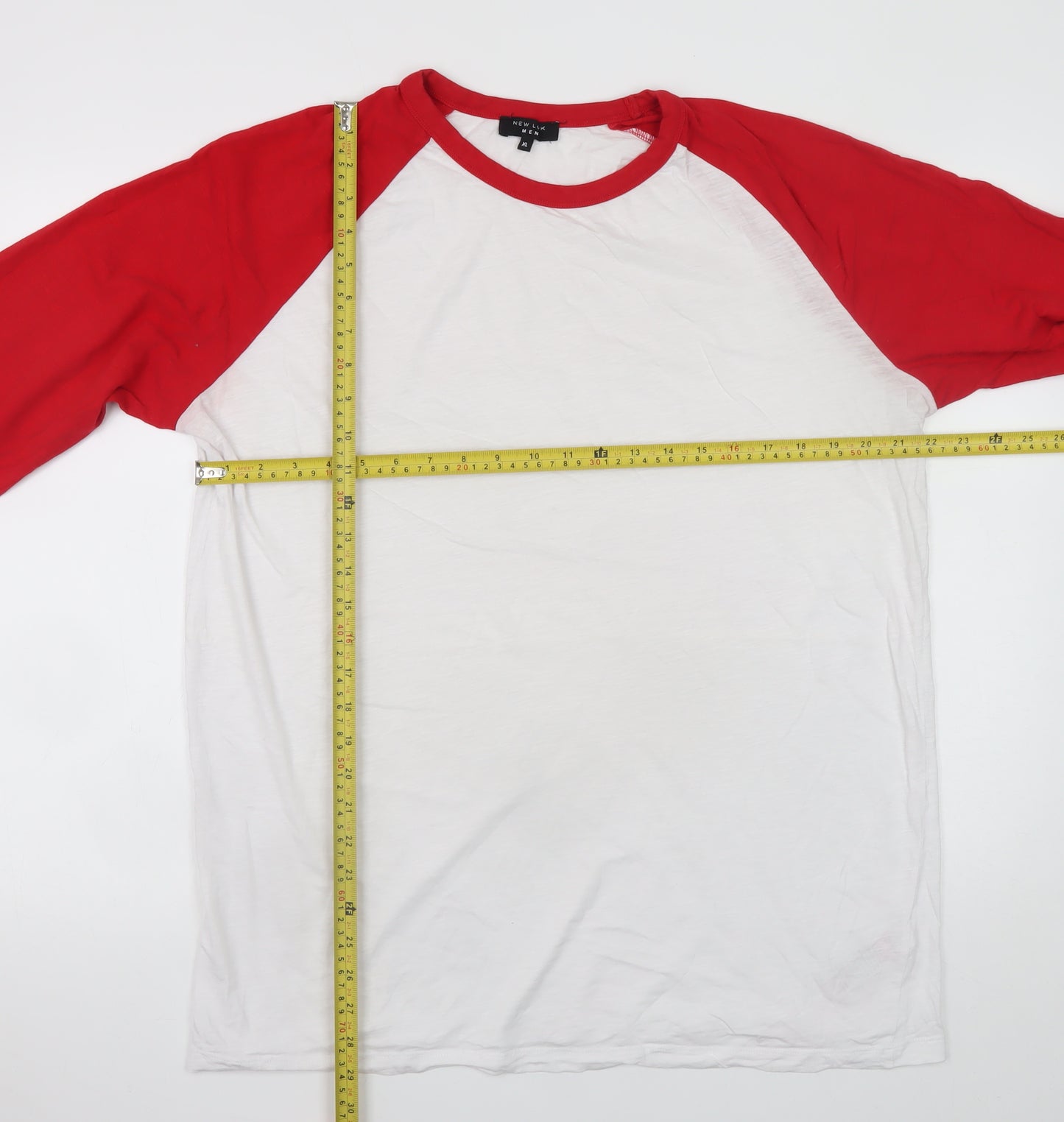New Look Men’s White Red 3/4 Sleeve Crew Neck Cotton T-Shirt XL
