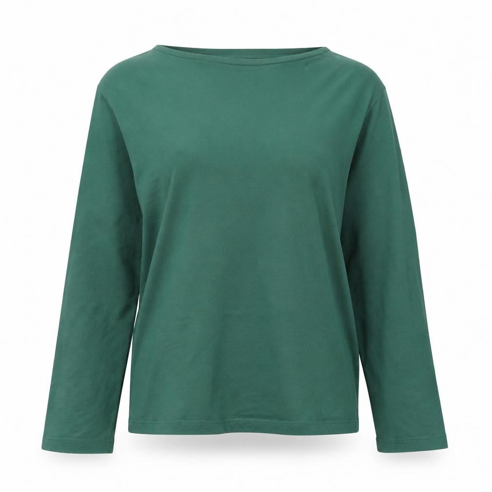 Front view of Mango Women's Green Long Sleeve Basic Cotton T-Shirt, size L