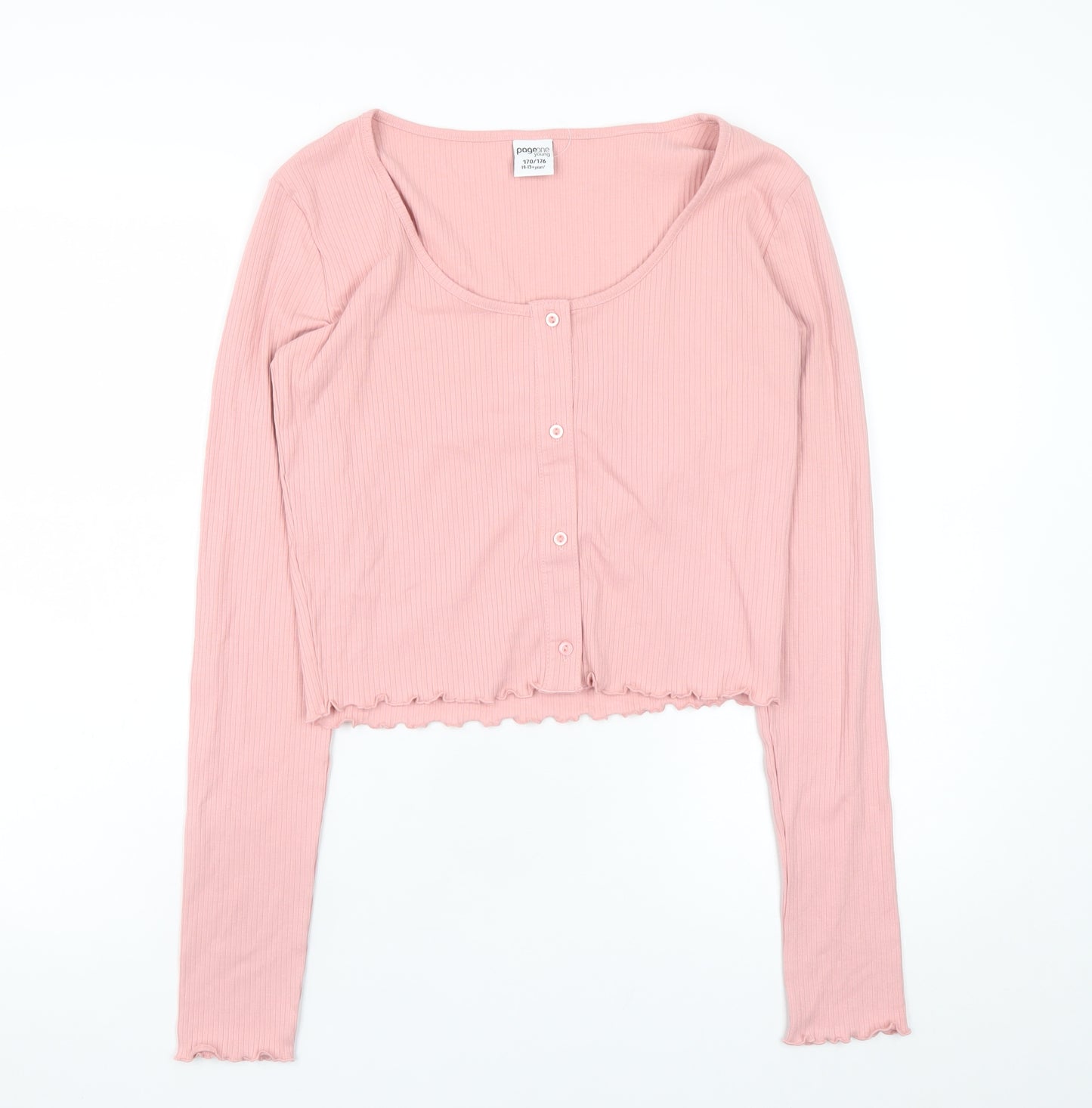 Page One Young Teens Pink Cropped Long Sleeve Button-Up Top Size L