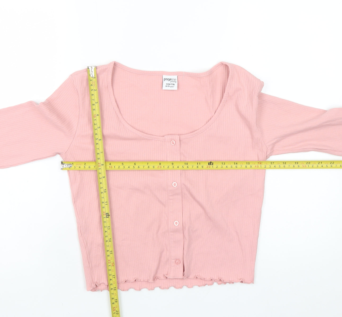 Page One Young Teens Pink Cropped Long Sleeve Button-Up Top Size L