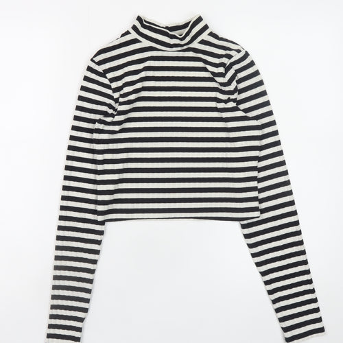 H&M Womens Black White Striped Cropped Long Sleeve Mock Neck Top Size S