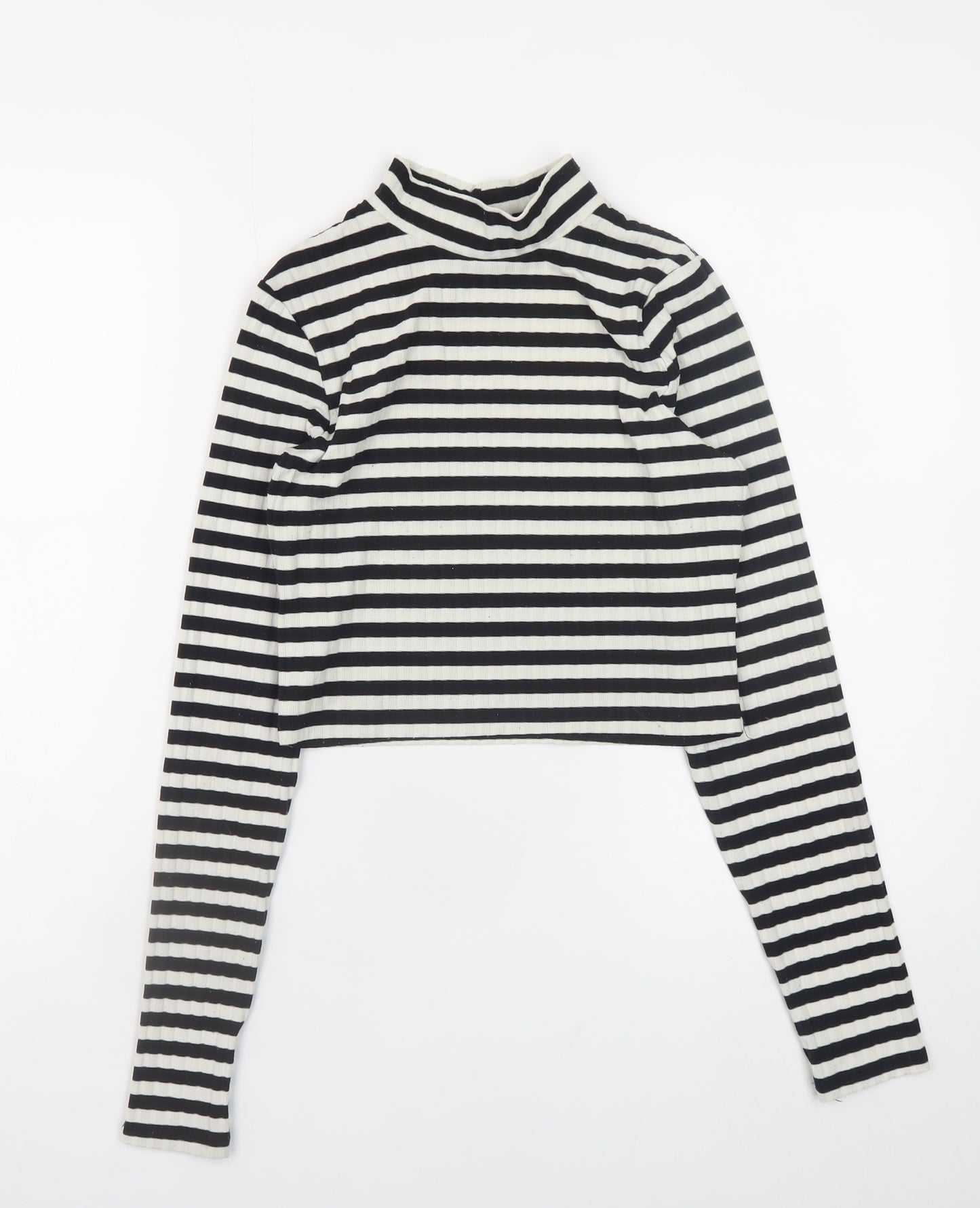 H&M Womens Black White Striped Cropped Long Sleeve Mock Neck Top Size S