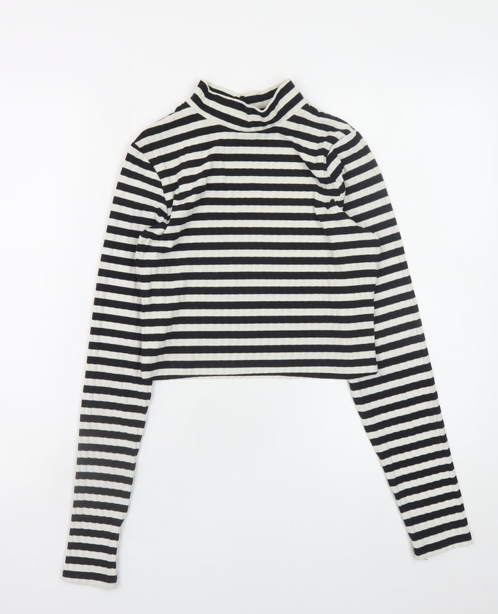 H&M Womens Black White Striped Cropped Long Sleeve Mock Neck Top Size S