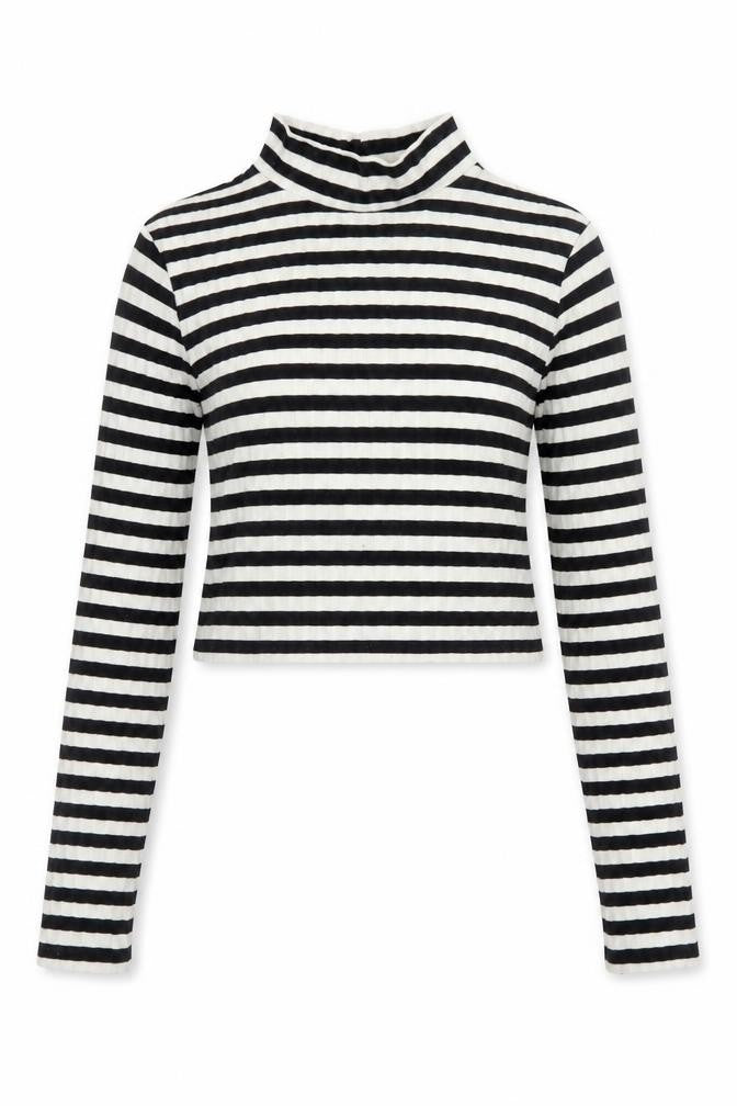 H&M Womens Black White Striped Cropped Long Sleeve Mock Neck Top Size S