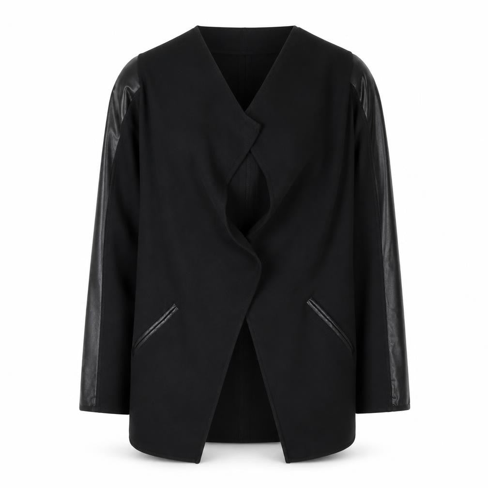 Front view of Spanx women’s black slim fit mid-length blazer jacket, size UK 8