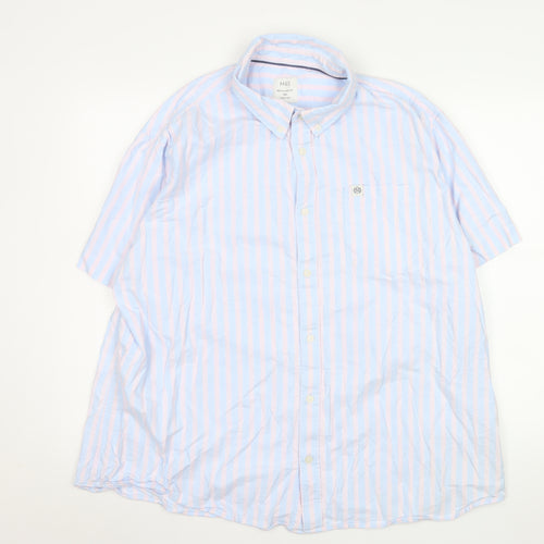Marks and Spencer Men's Blue Pink Striped Short Sleeve Button-Up Shirt 3XL