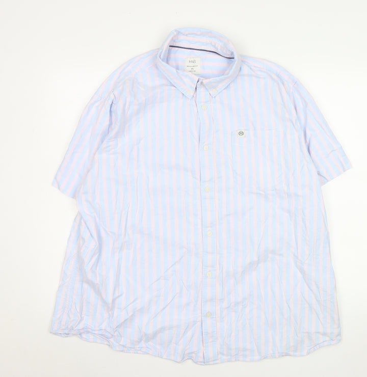 Marks and Spencer Men's Blue Pink Striped Short Sleeve Button-Up Shirt 3XL