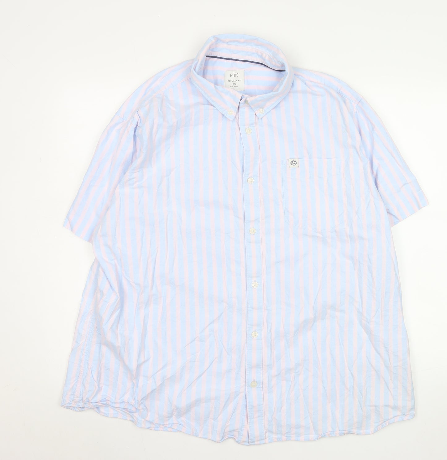 Marks and Spencer Men's Blue Pink Striped Short Sleeve Button-Up Shirt 3XL