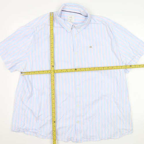 Marks and Spencer Men's Blue Pink Striped Short Sleeve Button-Up Shirt 3XL