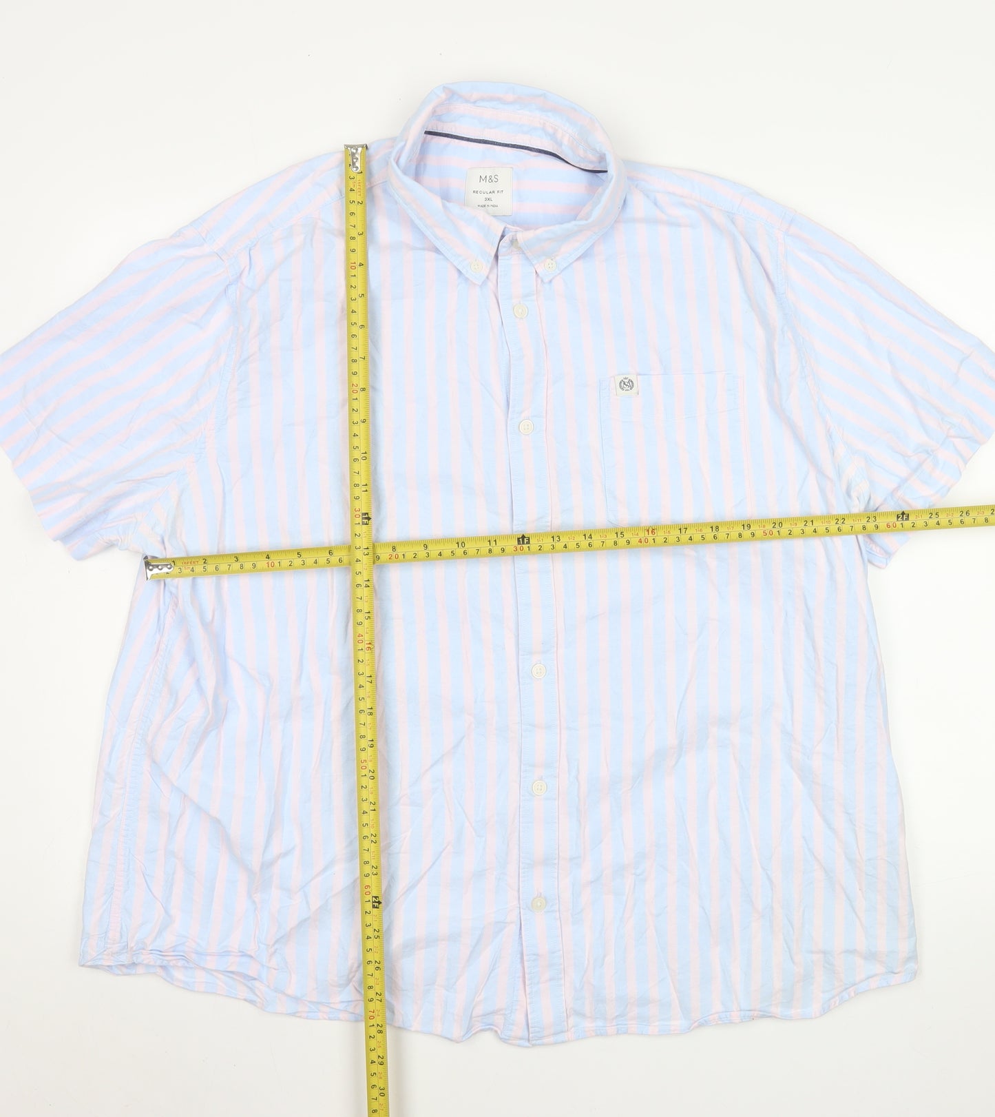 Marks and Spencer Men's Blue Pink Striped Short Sleeve Button-Up Shirt 3XL