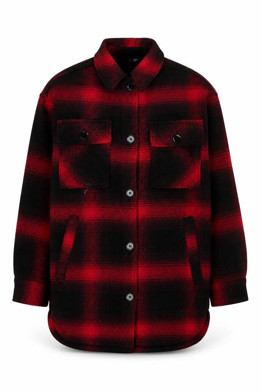 Front view of H&M Men Red Black Check Flannel Shirt Jacket XS