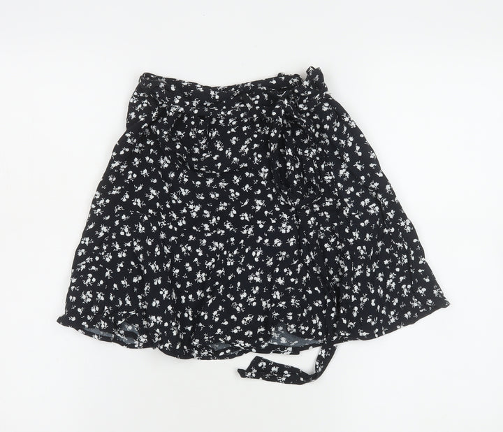 Zara Women Black Floral Wrap Short Skirt Size S Viscose