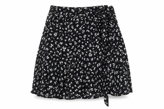 Front view of Zara Women Black Floral Wrap Short Skirt, size S, Viscose
