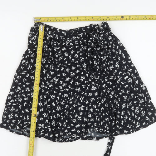 Zara Women Black Floral Wrap Short Skirt Size S Viscose
