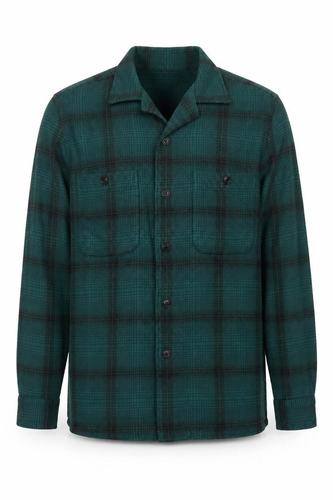 Front view of Far Afield Men's Green Check Cotton Long Sleeve Button-Up Shirt, size M