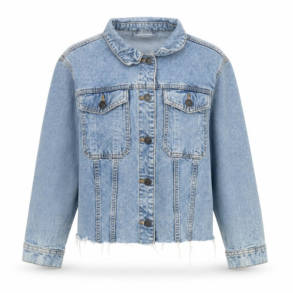 Front view of Noisy May Women's Blue Denim Cropped Jacket, size M, Classic Style