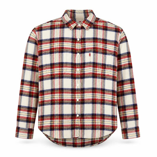 Front view of Levi's Men's Beige Check Flannel Button-Up Shirt, size M