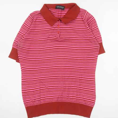 John Smedley Women's Red Striped Sea Island Cotton Polo Top L