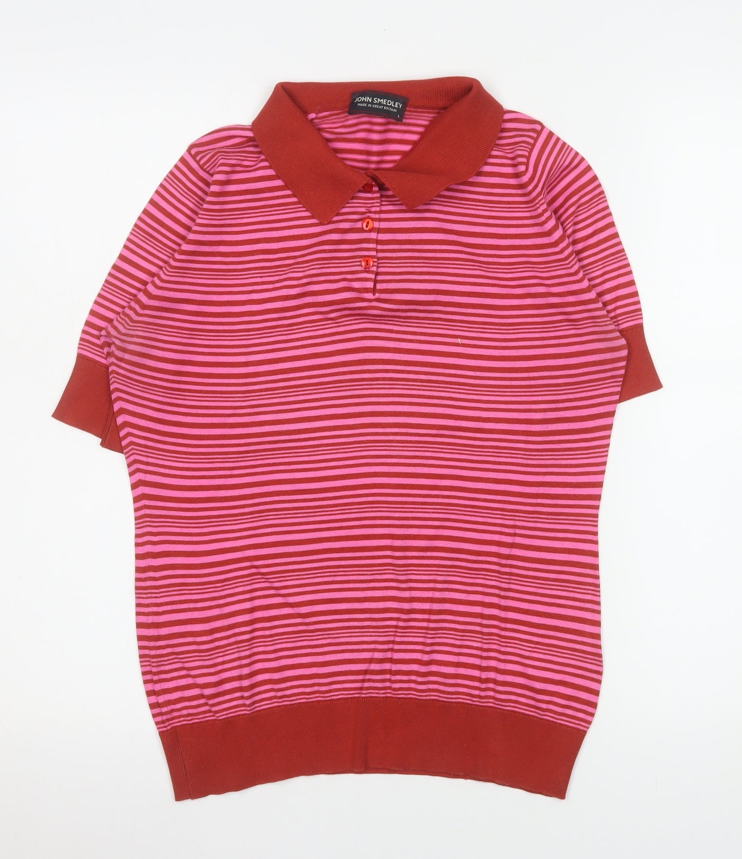 John Smedley Women's Red Striped Sea Island Cotton Polo Top L
