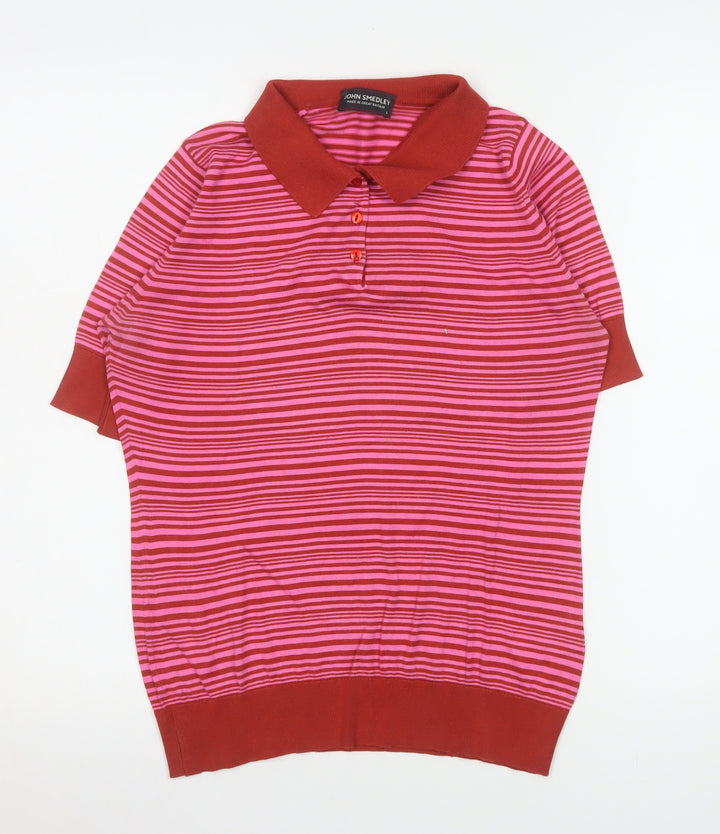 John Smedley Women's Red Striped Sea Island Cotton Polo Top L