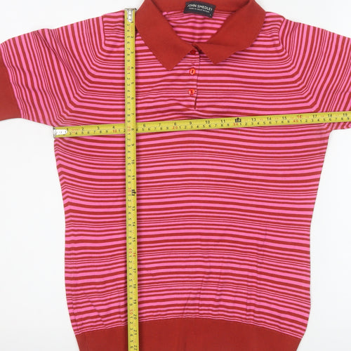 John Smedley Women's Red Striped Sea Island Cotton Polo Top L